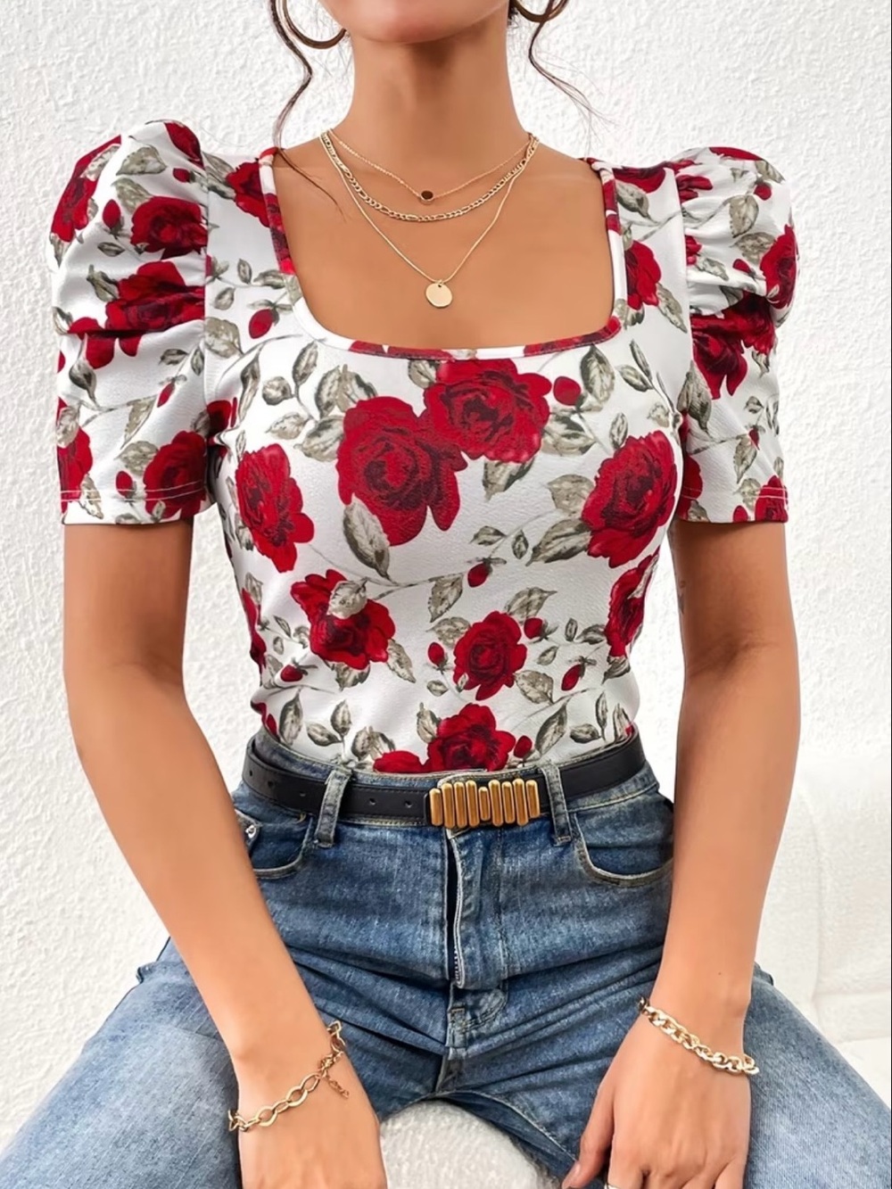 NWT Floral Puff Sleeve V-Neck Top - White with Red Rose Print